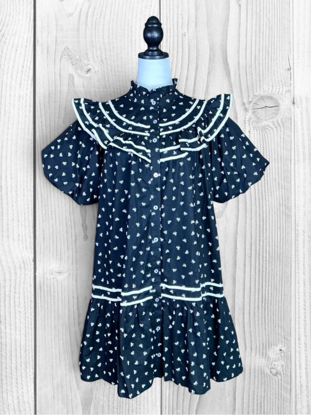 Entro Dress Black White Mini Bow Print Ruffle Neck Cotton Retro Coquette L NWOT